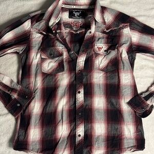 Kids Cowboy‎ Hardware Button-Down Western Shirt Size Large Maroon White Plaid